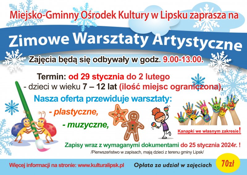 Zaproszenie na Zimowe Warsztaty Artystyczne w Miejsko-Gminnym Ośrodku Kultury w Lipsku