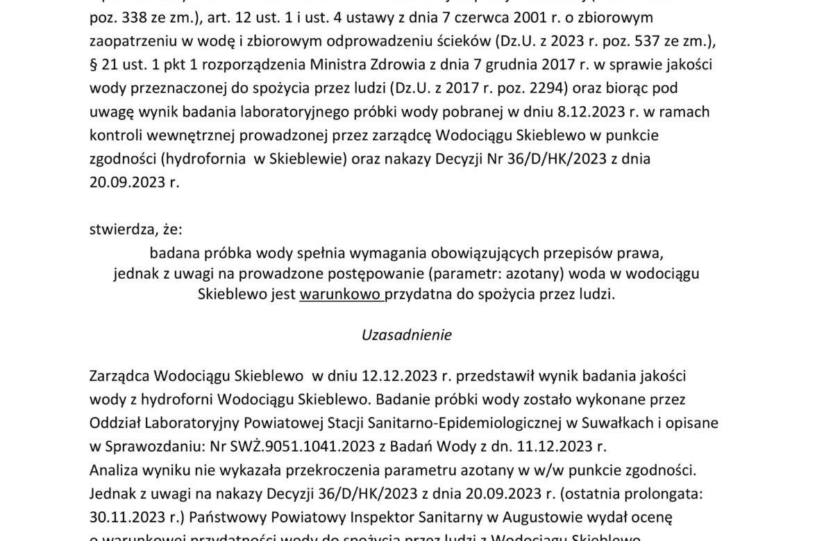 Woda warunkowo przydatna do spożycia